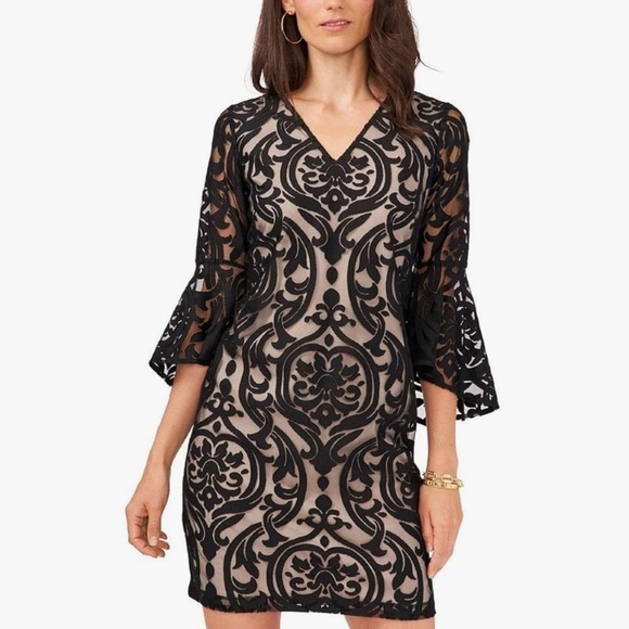 Prelude | Black Lace Overlay Dress with Bell Sleeves | Party & Cocktail | Sz L - Picture 1 of 10
